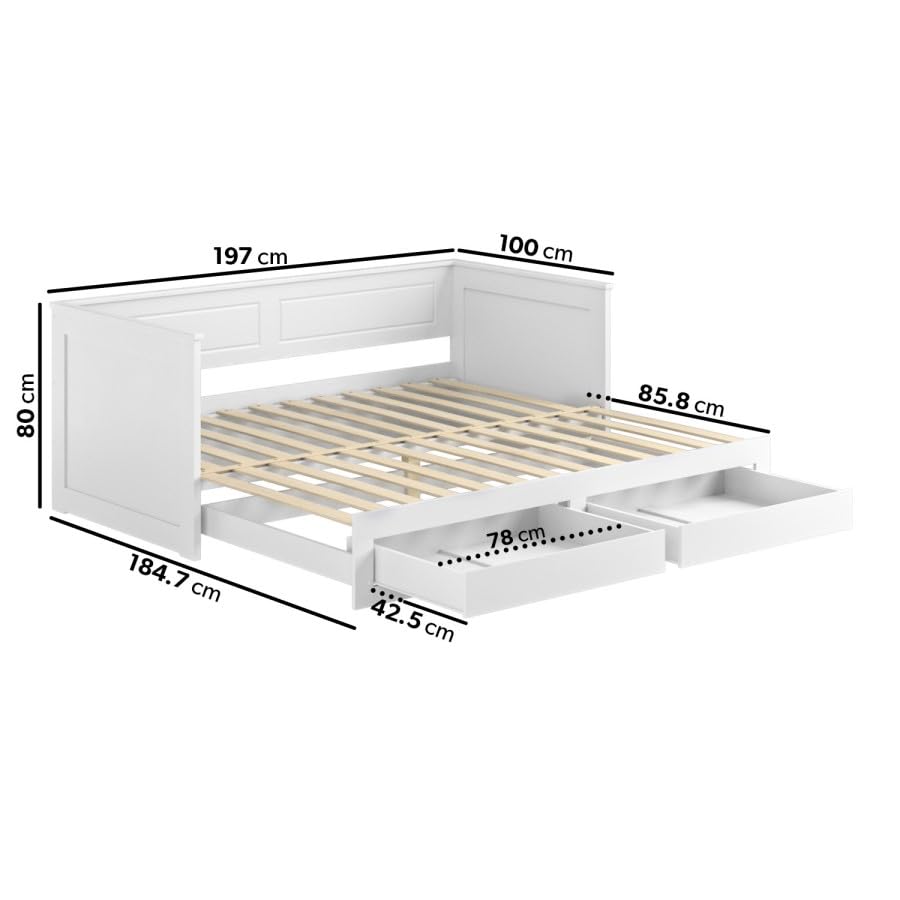 White Wooden Day Bed with Pull-Out Trundle and Storage Drawers – Converts to Double – Mattress Option Available – Ideal for Guest Rooms