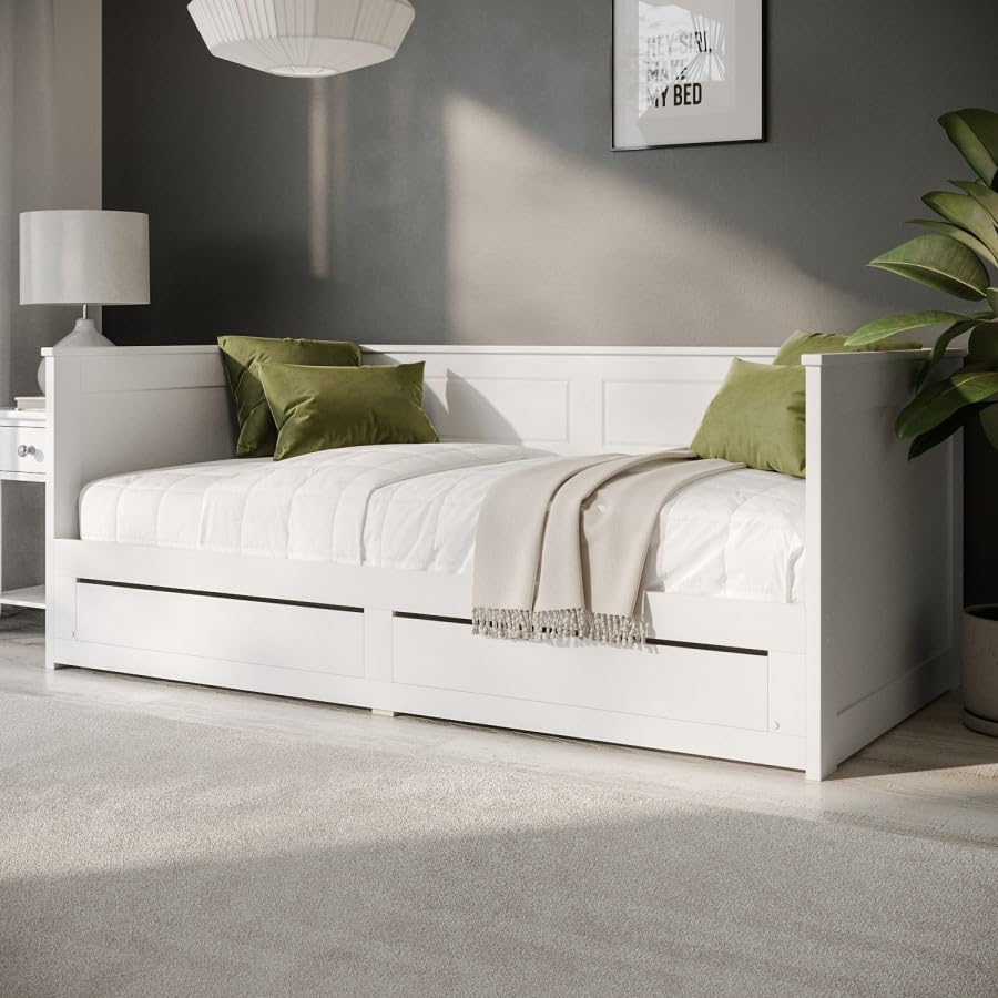 White Wooden Day Bed with Pull-Out Trundle and Storage Drawers – Converts to Double – Mattress Option Available – Ideal for Guest Rooms