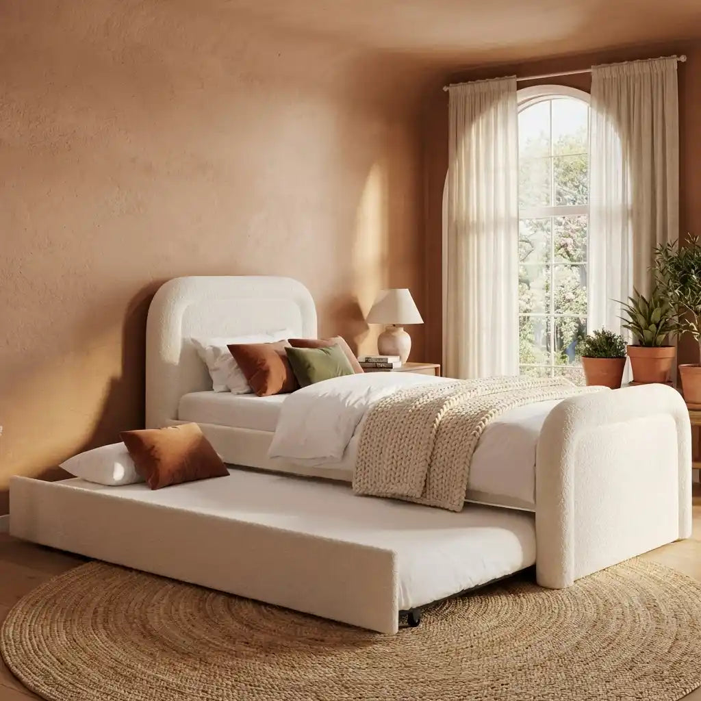 Single Guest Bed with Trundle – Upholstered Day Bed with Curved Headboard, Space Saving Pull Out Bed (CREAM)