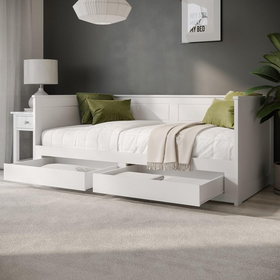 White Wooden Day Bed with Pull-Out Trundle and Storage Drawers – Converts to Double – Mattress Option Available – Ideal for Guest Rooms