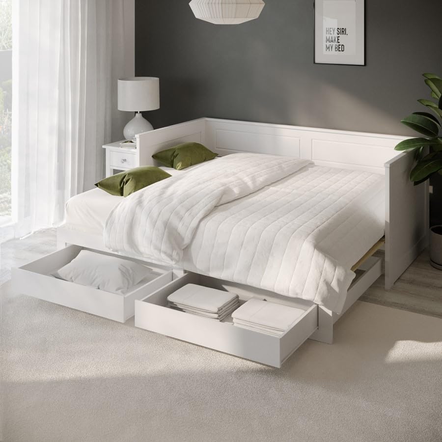 White Wooden Day Bed with Pull-Out Trundle and Storage Drawers – Converts to Double – Mattress Option Available – Ideal for Guest Rooms