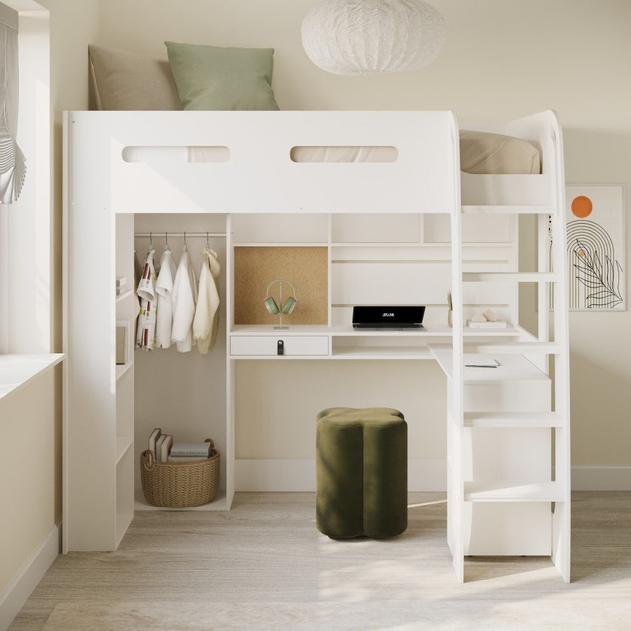 High Sleeper Loft Bed with Desk and Wardrobe in White – Space Saving Kids Bed Frame