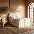 Single Guest Bed with Trundle – Upholstered Day Bed with Curved Headboard, Space Saving Pull Out Bed (CREAM)
