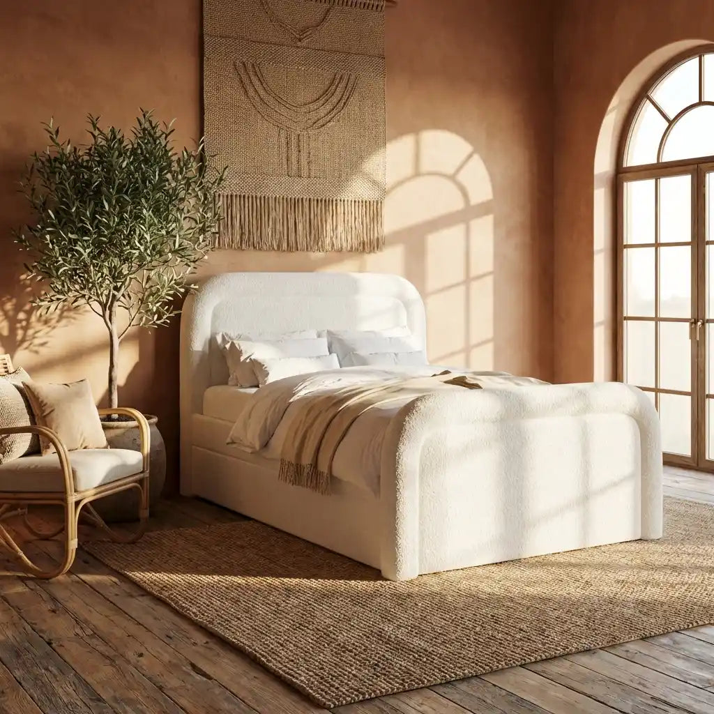 Single Guest Bed with Trundle – Upholstered Day Bed with Curved Headboard, Space Saving Pull Out Bed (CREAM)