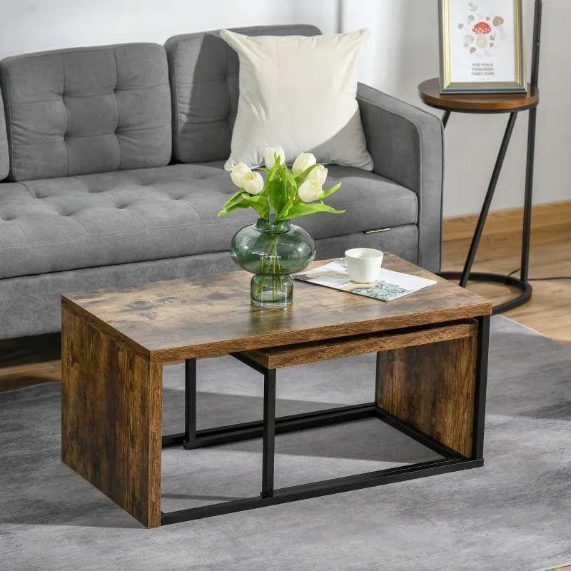 Industrial Style Coffee Table & Side Table Set of 2 Black & Brown Metal Frame Design