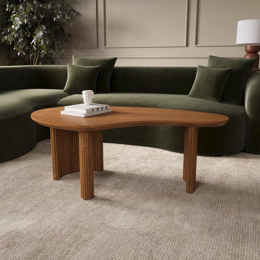 Ivan Large Curved Mango Wood Coffee Table – Kidney-Shaped Top – 3 Ribbed Legs – Handcrafted Walnut Finish – Modern Accent Furniture