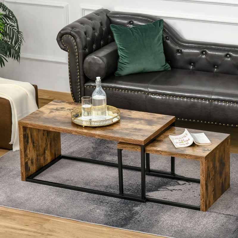 Industrial Style Coffee Table & Side Table Set of 2 Black & Brown Metal Frame Design