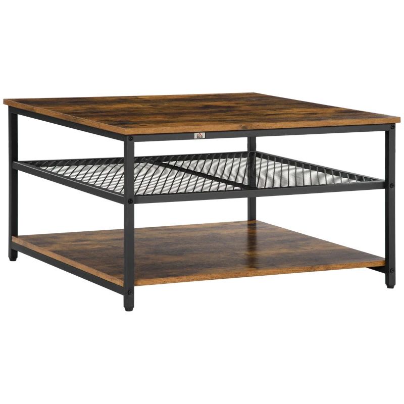 Industrial Square Coffee Table with Storage Shelves – Rustic Brown Wooden Table UK