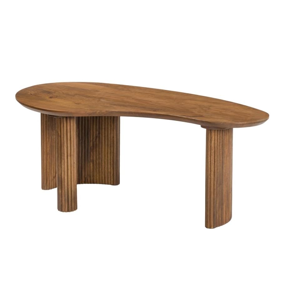 Ivan Large Curved Mango Wood Coffee Table – Kidney-Shaped Top – 3 Ribbed Legs – Handcrafted Walnut Finish – Modern Accent Furniture