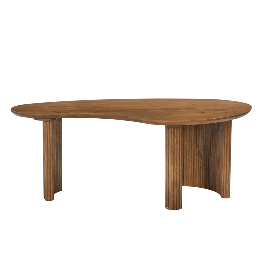 Ivan Large Curved Mango Wood Coffee Table – Kidney-Shaped Top – 3 Ribbed Legs – Handcrafted Walnut Finish – Modern Accent Furniture