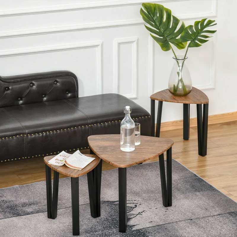 Multifunctional Side Table Set of 3 – Walnut & Black Modern Tables with Metal Legs