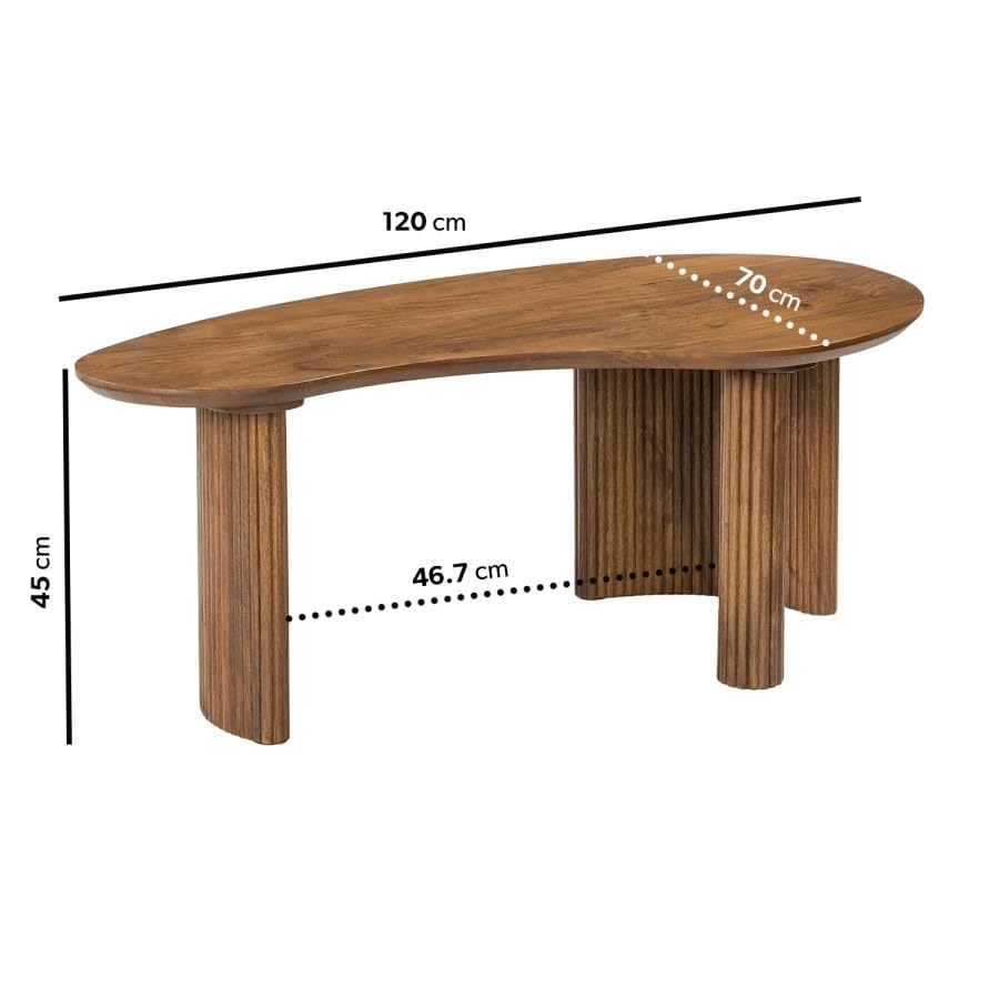 Ivan Large Curved Mango Wood Coffee Table – Kidney-Shaped Top – 3 Ribbed Legs – Handcrafted Walnut Finish – Modern Accent Furniture