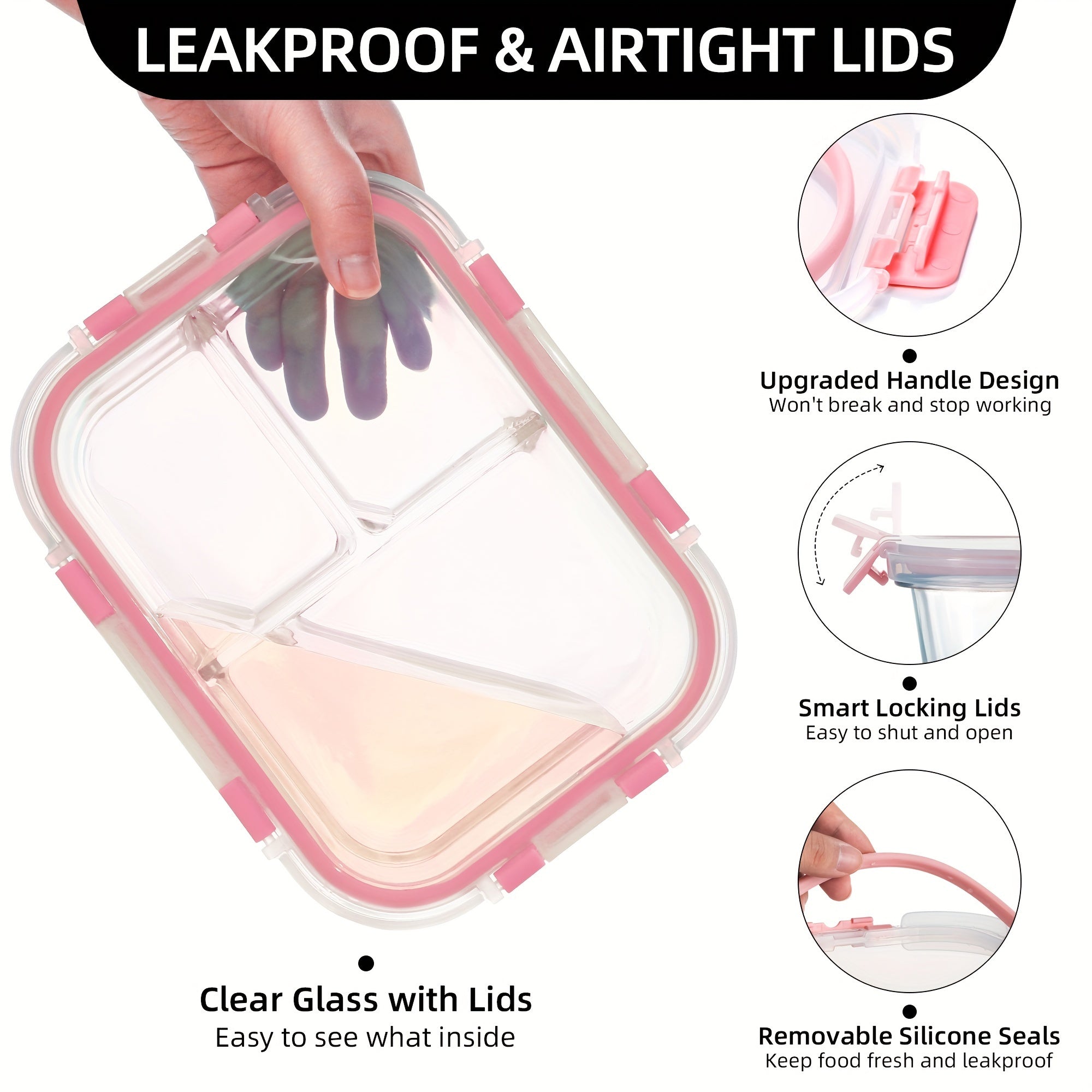 5-Piece Glass Food Storage Set with Airtight Leakproof Lids - BPA-Free, 3-Compartment, 34oz Capacity - Ideal for Meal Prep, Meat, Fruits & Vegetables - Kitchen Organization Essential