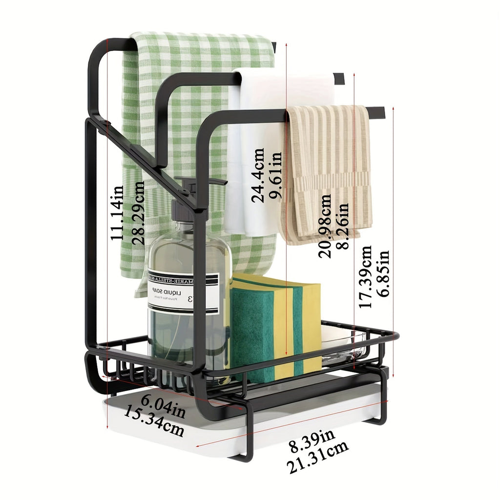 1 sink rack kitchen sponge rack, kitchen sink countertop rag holder tray, soap dispenser brush drain rack storage rack with removable drain tray