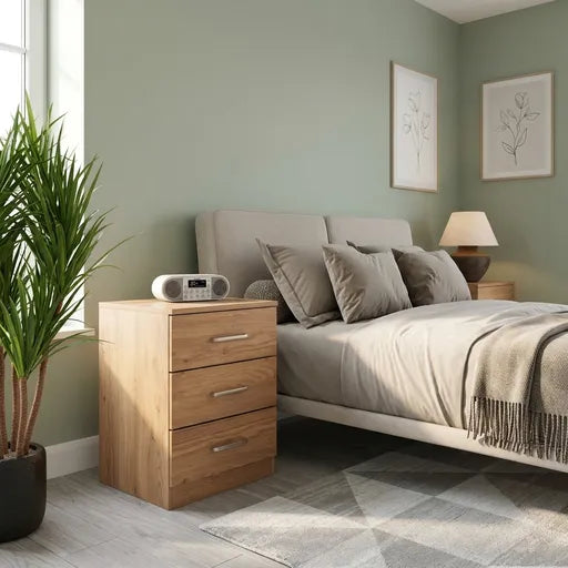 Dakota 3 Drawer Bedside Table – Modern Oak Effect