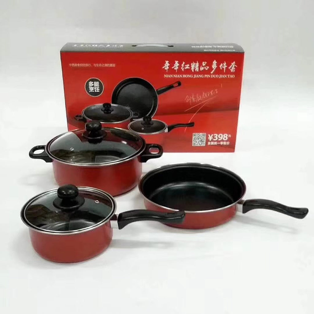 Red 3-Piece Non-Stick Cookware Set ? Milk Pot, Soup Pot & Frying Pan with Custom Logo Option