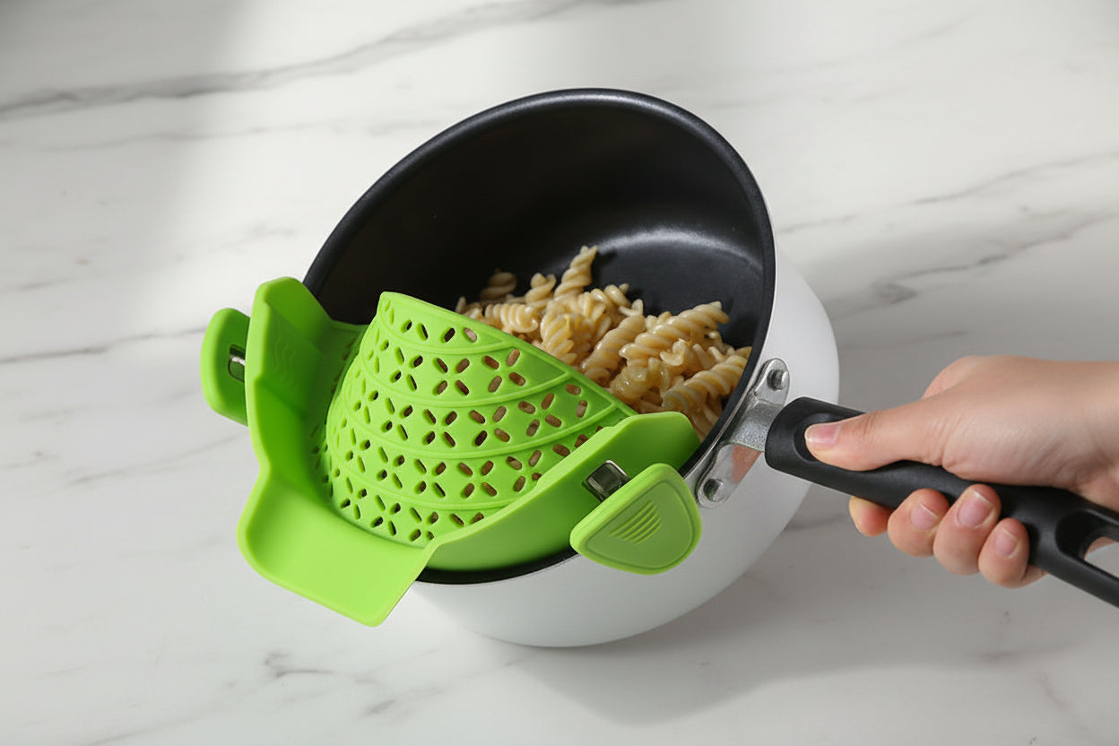 Silicone Pot Side Drain Stopper & Strainer – Spill-Proof, Heat-Resistant Kitchen Tool