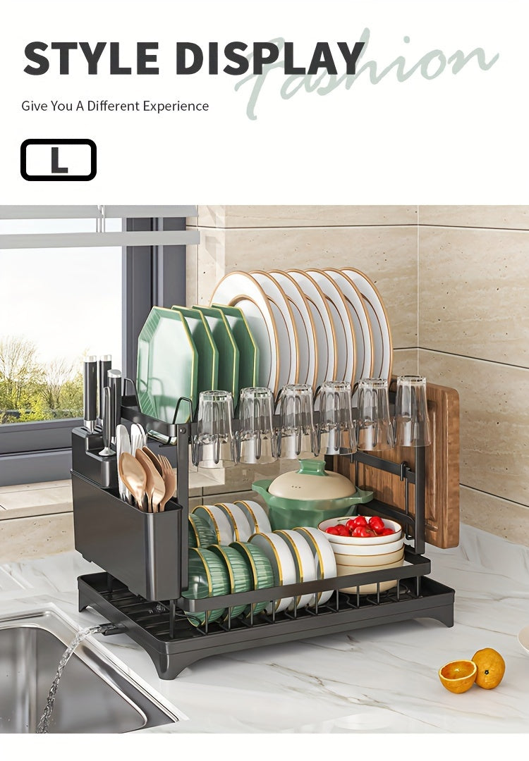 1pc Dish Rack, Double Layers Space-saving Dish Drying Rack With Drainboard And Utensil Holders, Multifunctional Large Capacity Dish Storage Organizer, For Kitchen Counter, Kitchen Organizers And Storage, Kitchen Accessories