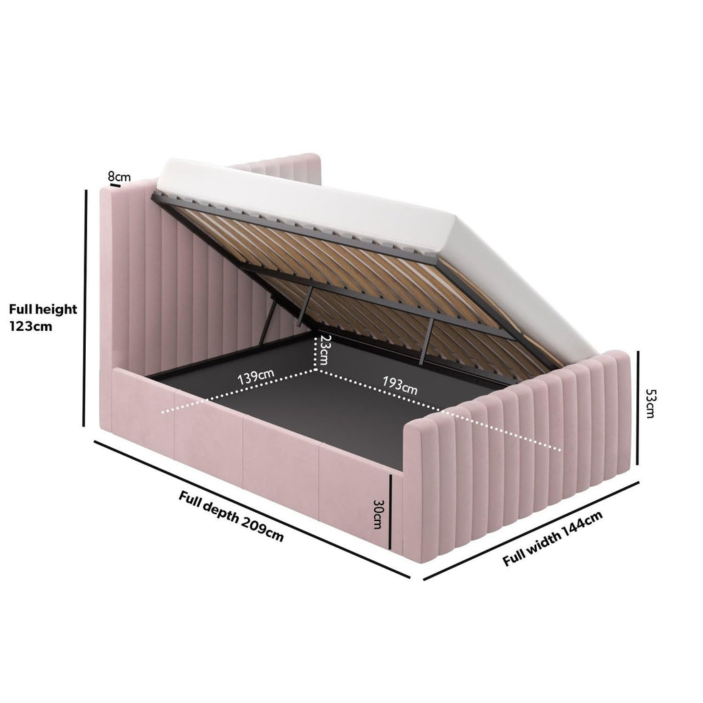 Velvet Ottoman Bed with Storage in Pink Grey or Beige Side Lift Gas Frame with Headboard Mattress Option Available for Double or Single Bedrooms
