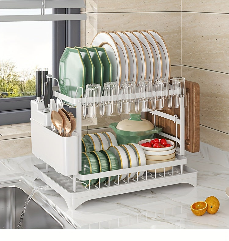 1pc Dish Rack, Double Layers Space-saving Dish Drying Rack With Drainboard And Utensil Holders, Multifunctional Large Capacity Dish Storage Organizer, For Kitchen Counter, Kitchen Organizers And Storage, Kitchen Accessories