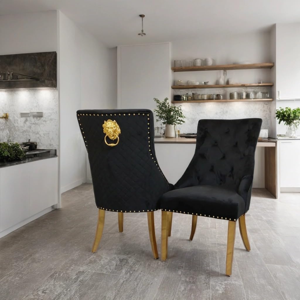 1.8m Marble Top Dining Table with 4 Velvet Lion Knocker Chairs – Black & Gold – Modern 4 Seater Dining Set Furniture