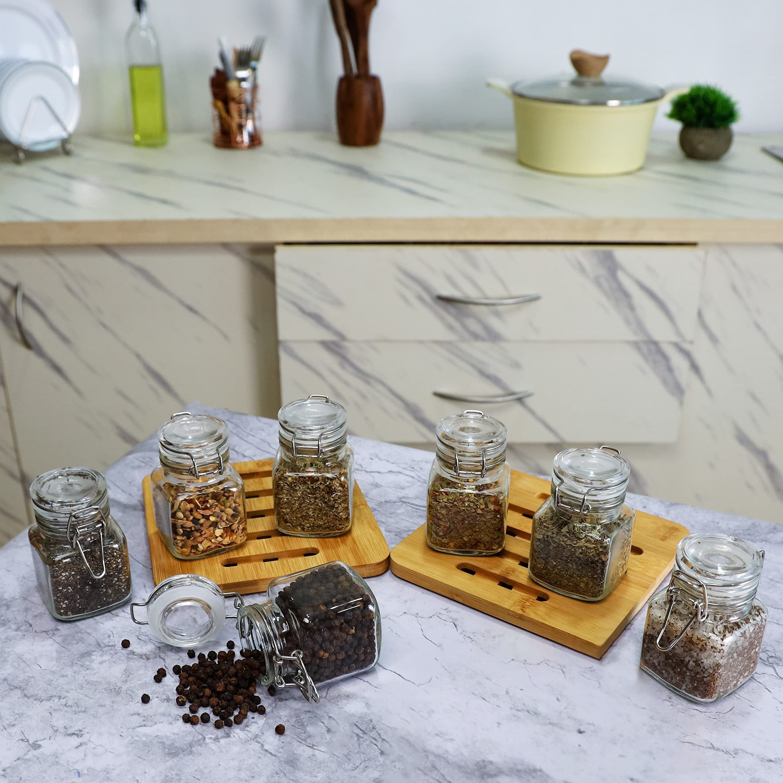 12pcs/set 120ml/4oz Mini Clip Top Glass Jars, Airtight Spice Containers with Hinged Lids, Reusable Storage Containers, Labels & Funnel Included, Perfect for Kitchen, Spices & Herbs Organization and Storage