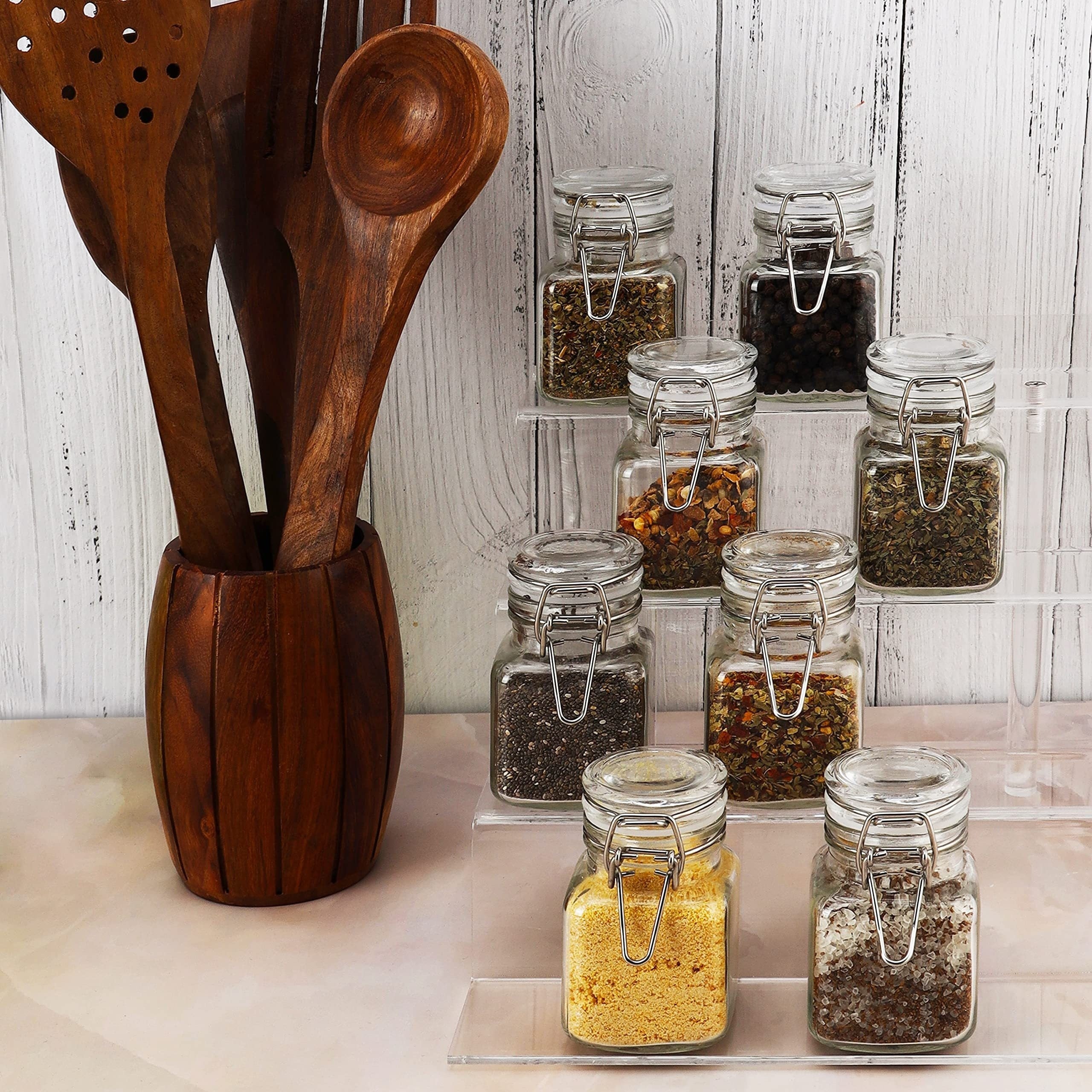12pcs/set 120ml/4oz Mini Clip Top Glass Jars, Airtight Spice Containers with Hinged Lids, Reusable Storage Containers, Labels & Funnel Included, Perfect for Kitchen, Spices & Herbs Organization and Storage