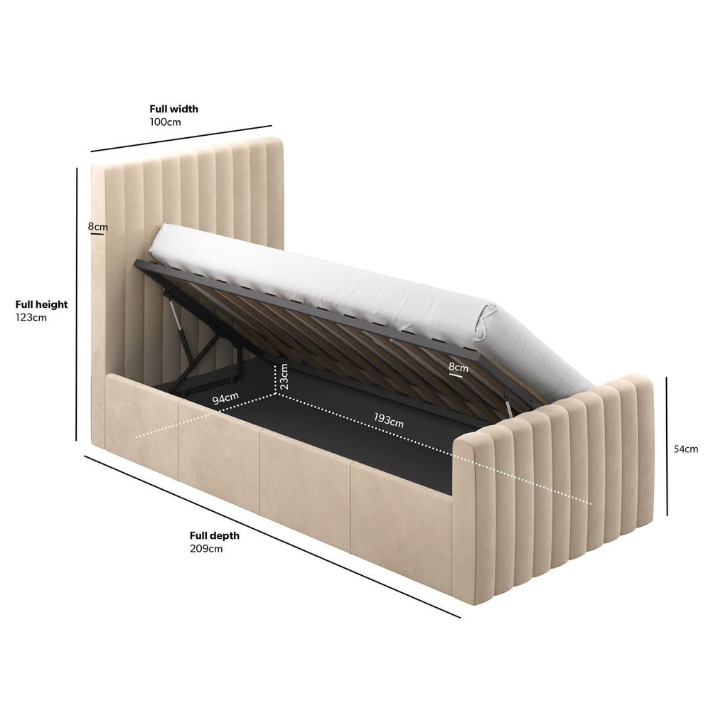 Velvet Ottoman Bed with Storage in Pink Grey or Beige Side Lift Gas Frame with Headboard Mattress Option Available for Double or Single Bedrooms