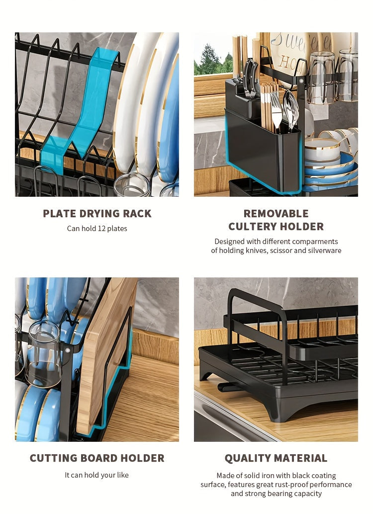 1pc Large Capacity 2-Tier Dish Drying Rack with Drainboard, Double-Layer Bowl & Cup Rack, Detachable Over The Sink Organizer for Kitchen Counter, Black & White - Ideal for Plates, Bowls, Cups & Cutlery Storage, Dish Drying Ra