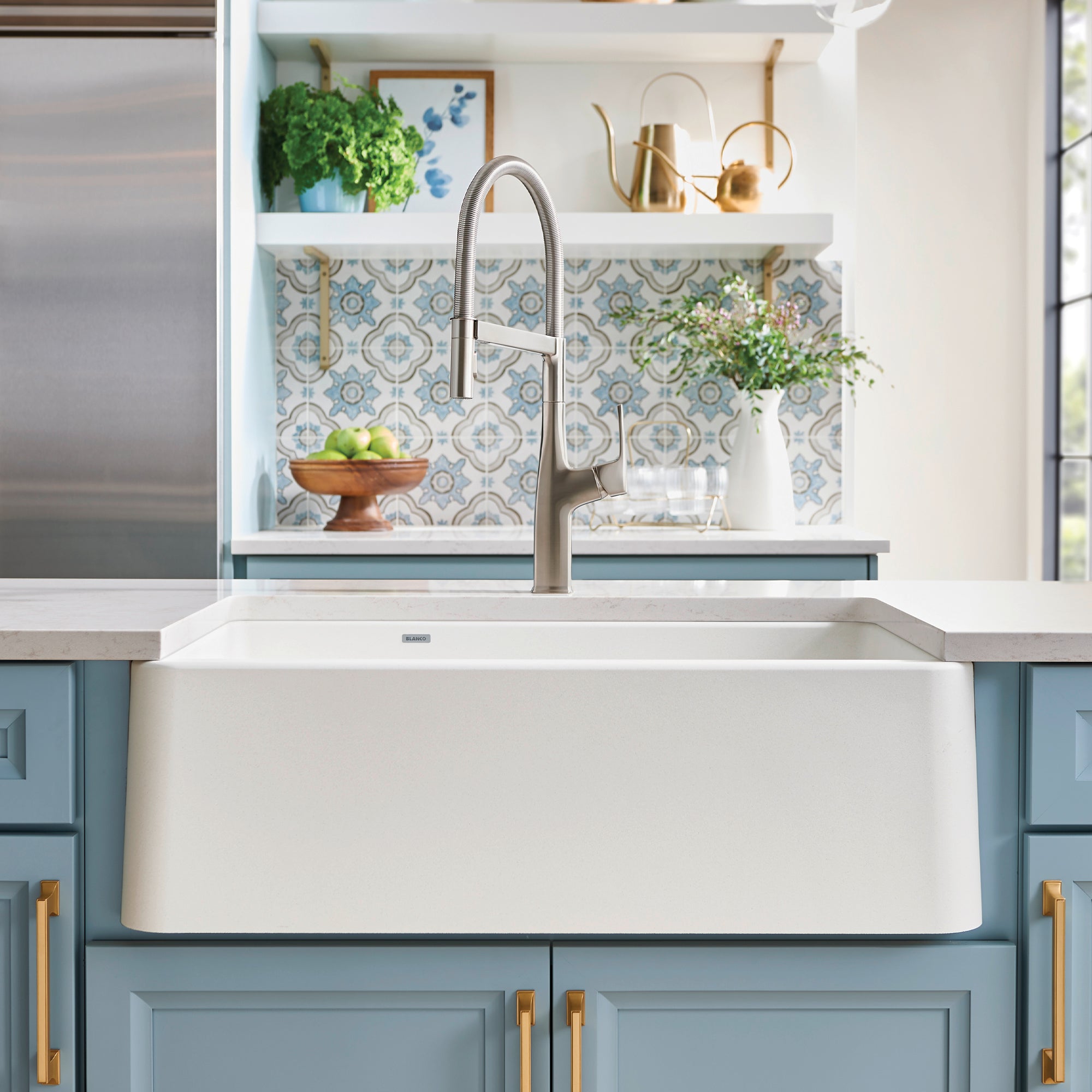 Blanco Ikon Silgranit 33" Double Bowl Apron-Front Farmhouse Sink with Low Divide