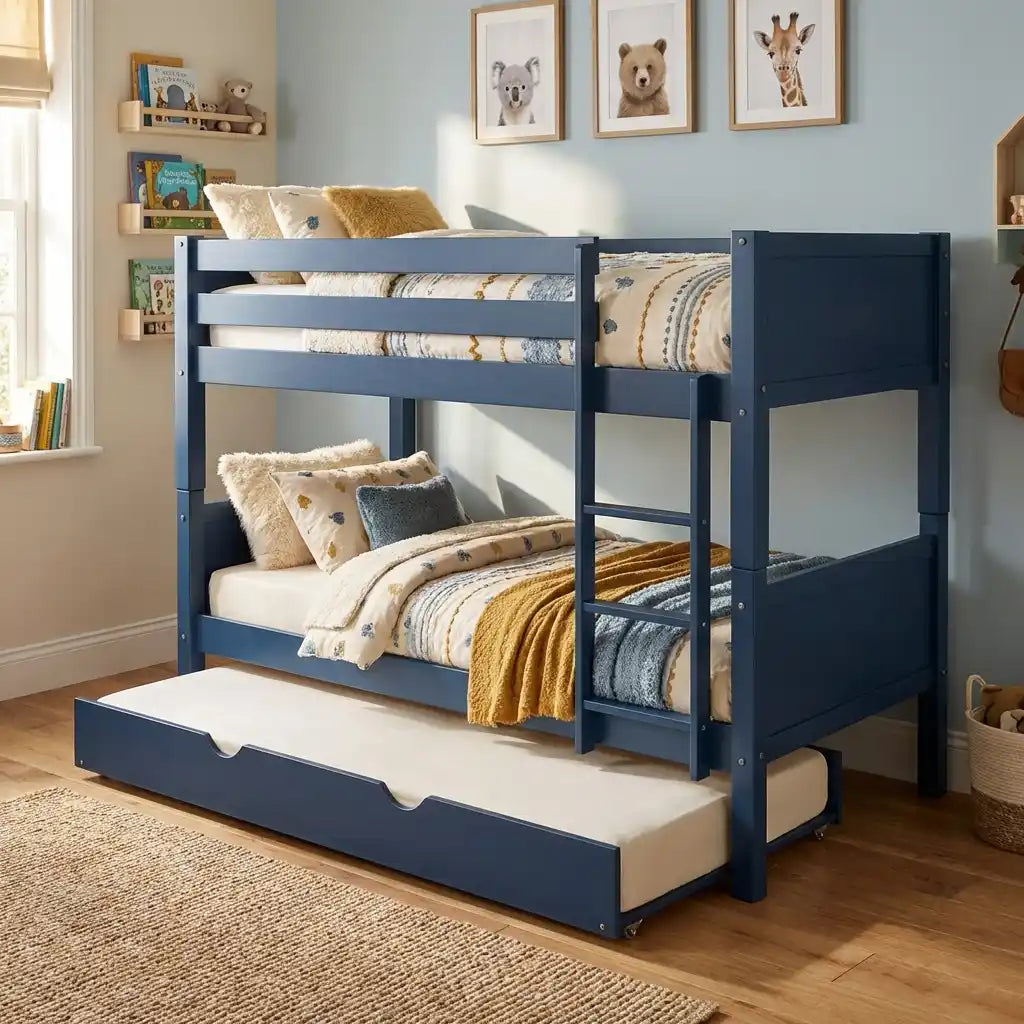 Navy Wooden Bunk Bed with Trundle & Grey Panels – Luca (Detachable Design)