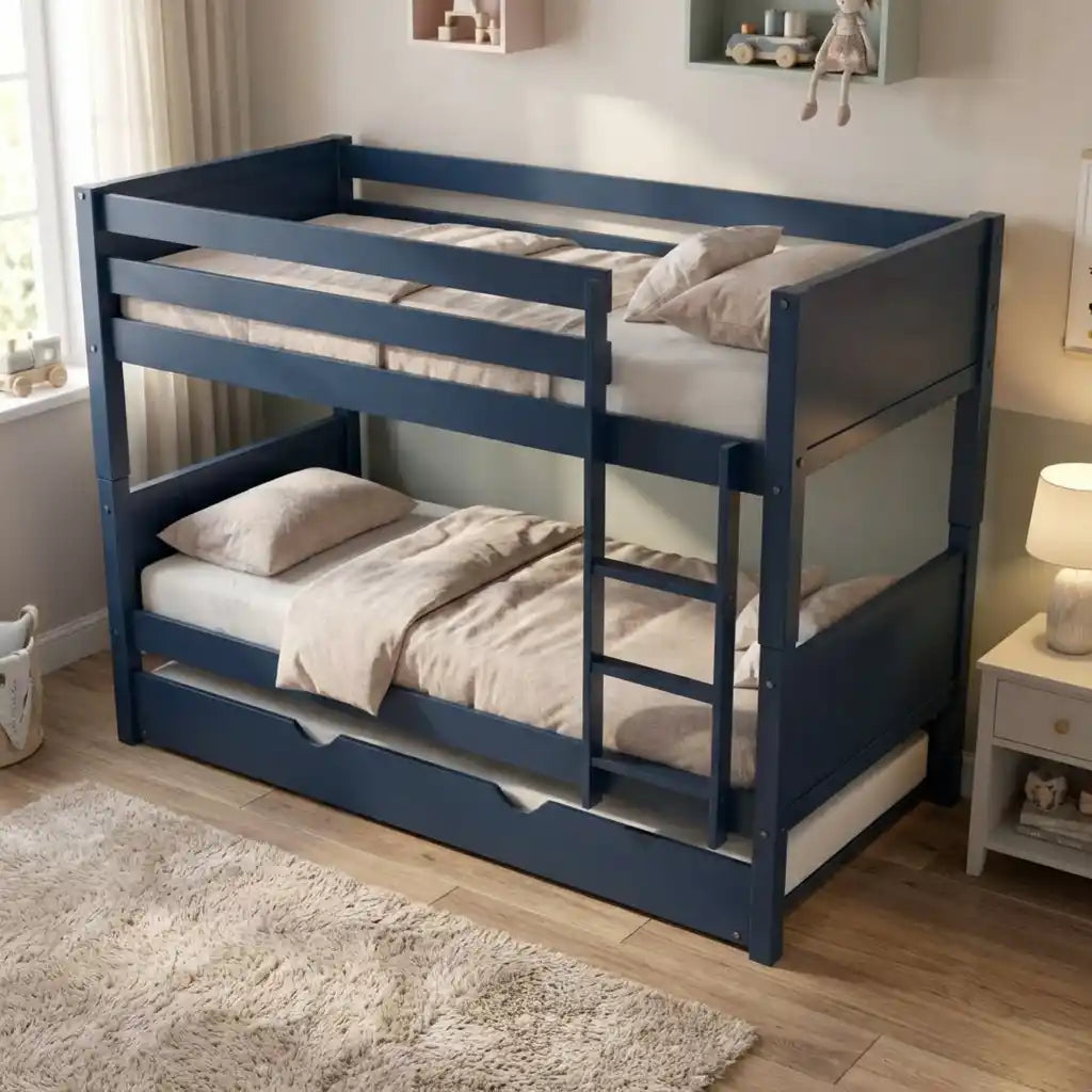 Navy Wooden Bunk Bed with Trundle & Grey Panels – Luca (Detachable Design)