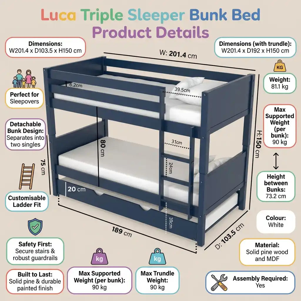 Navy Wooden Bunk Bed with Trundle & Grey Panels – Luca (Detachable Design)