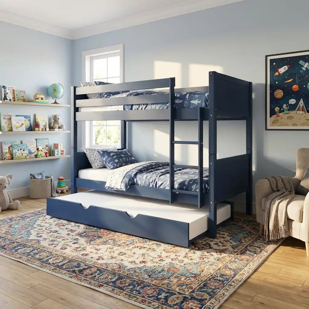Navy Wooden Bunk Bed with Trundle & Grey Panels – Luca (Detachable Design)