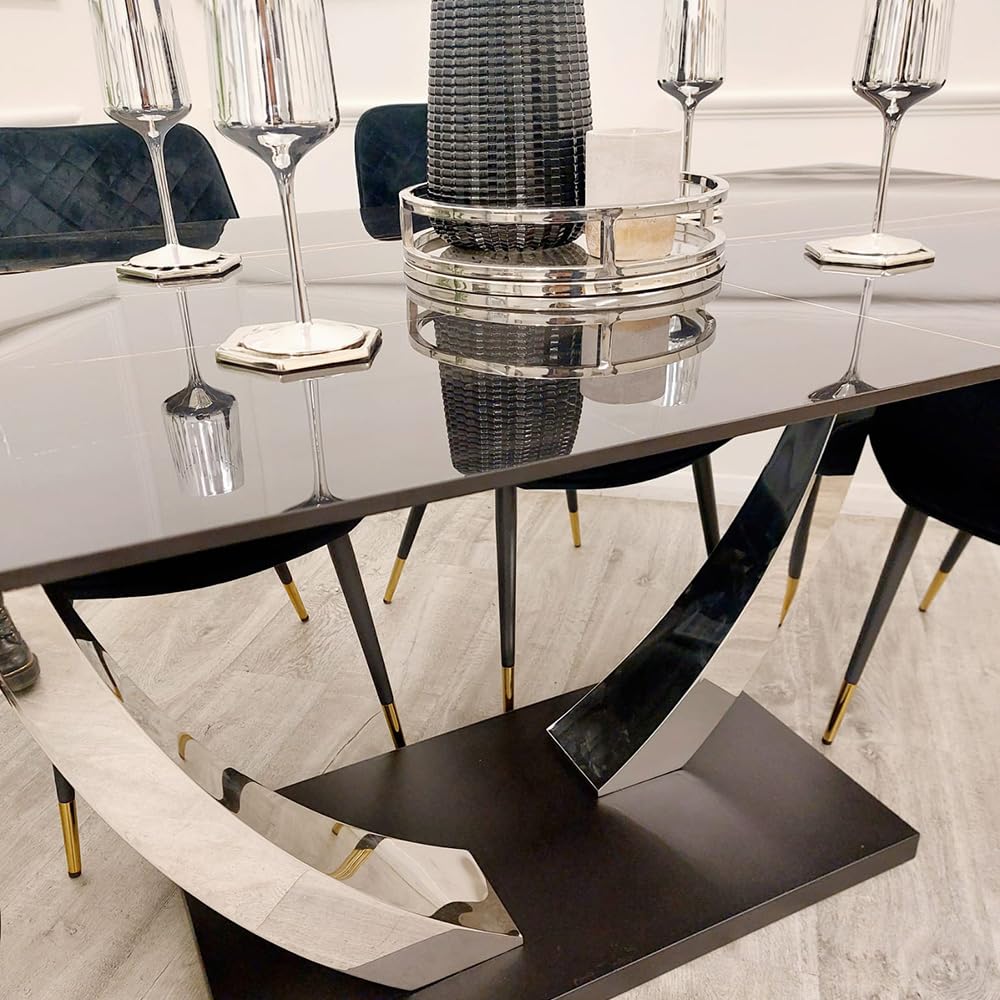 1.6m Dining Table and Chairs Set 4 – Black Sintered Stone Table with 4 Velvet Chairs – Chrome Dining Room Table Set