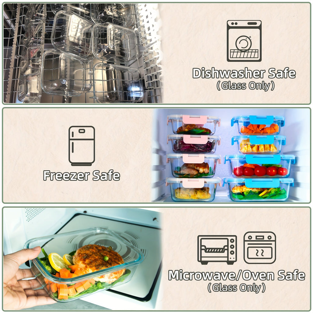 10pcs Leak-Proof Glass Meal Prep Containers - Durable, Reusable Kitchen Organizers - Airtight for Freshness - Ideal for Camping, Picnics, School, Office & Home