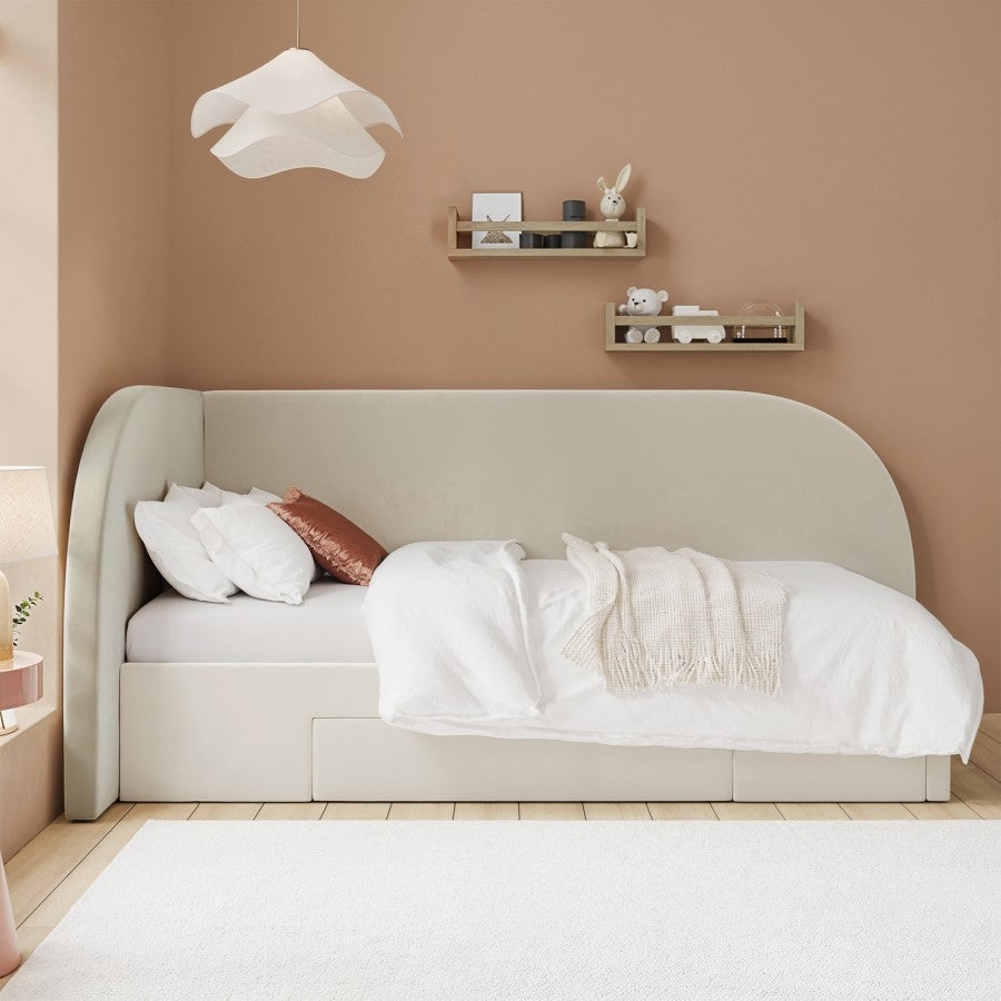 Cream Single Bed Frame with Storage Drawers & Curved Upholstered Headboard – Reagan
