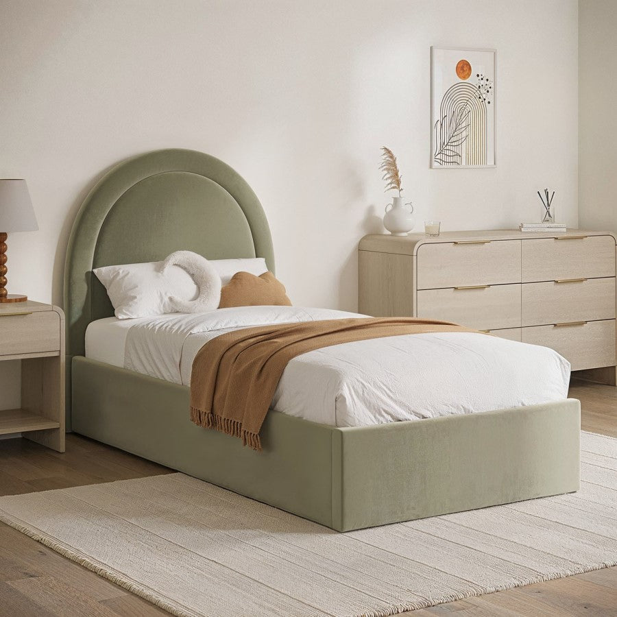 Velvet Single Side Lift Ottoman Bed with Curved Headboard Space-Saving Storage Bed UK