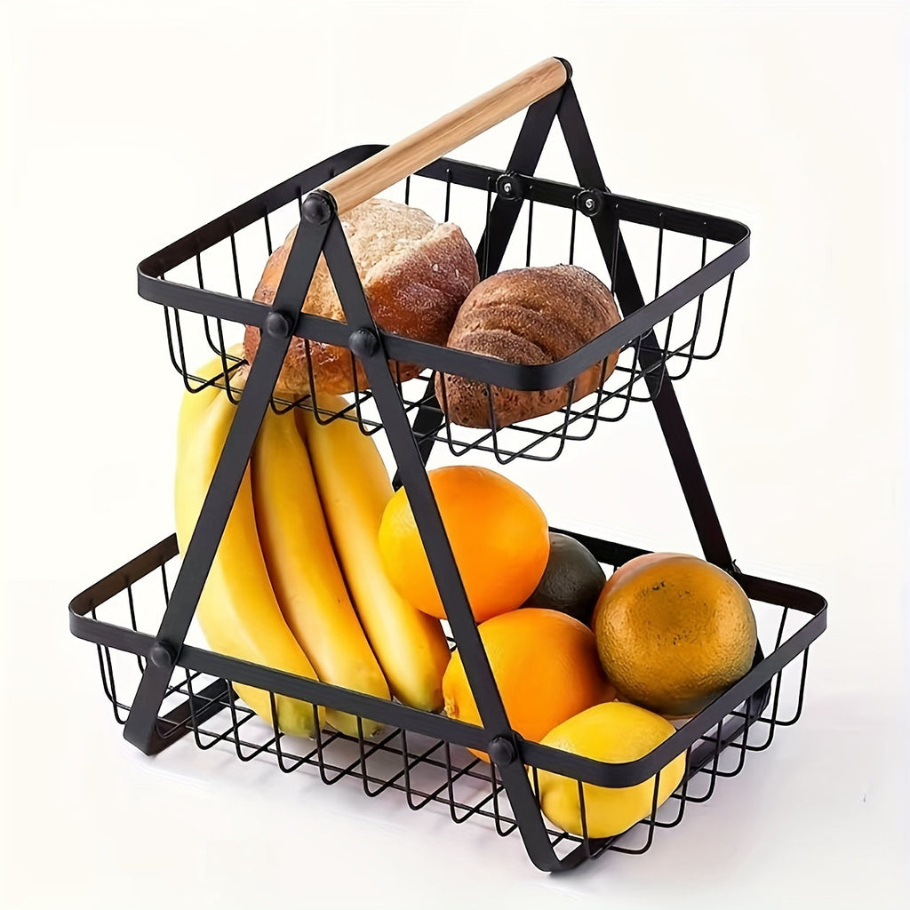 [2/3 Tier Metal Basket] 2/3 Tier High-Capacity Metal Fruit Basket | Portable Countertop Organizer for Fruits, Vegetables, Bread & Snacks | Detachable Rectangle Design for Kitchen Storage