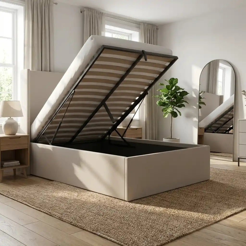 Grey Chenille Double Ottoman Storage Bed with Winged Headboard – Loxley