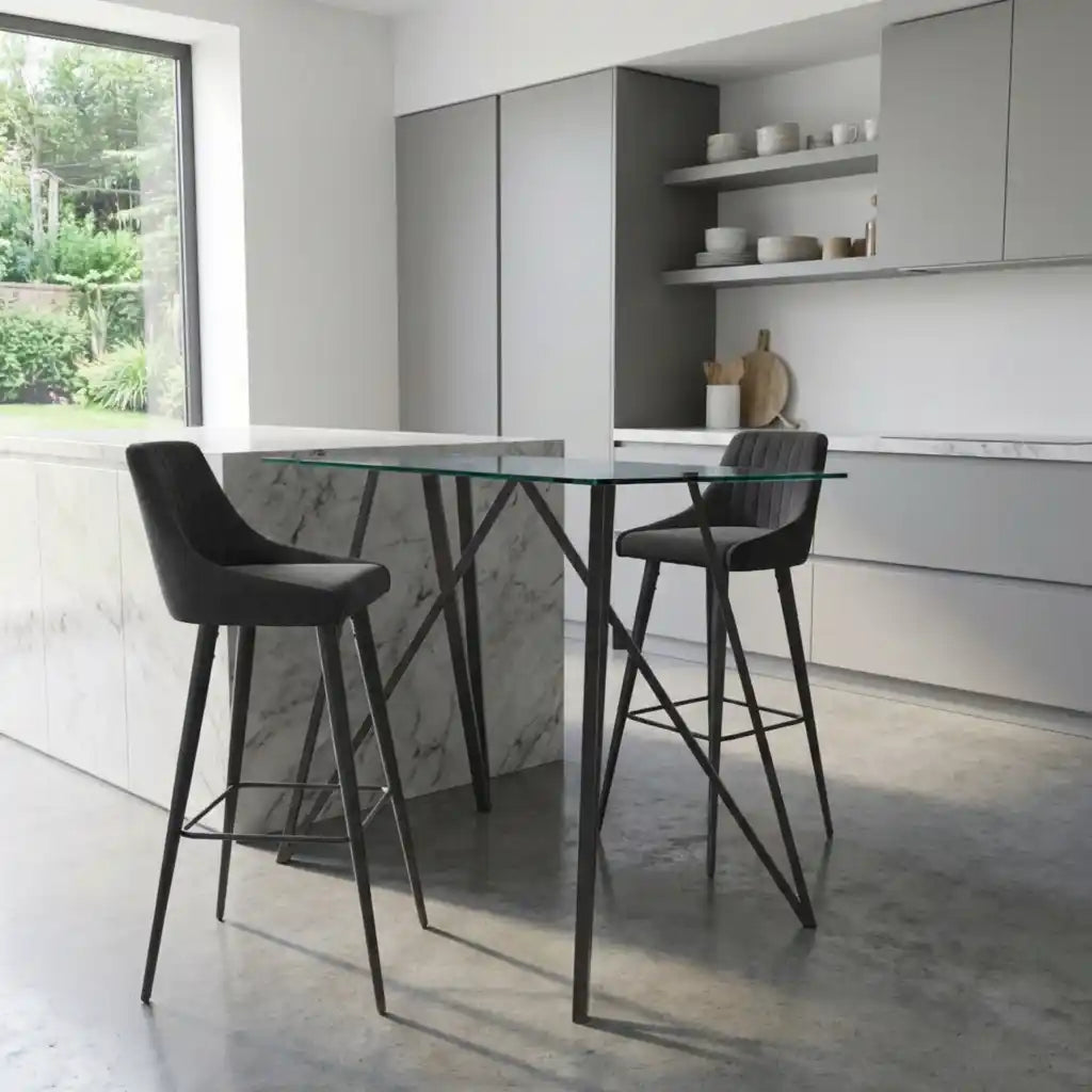 Small Glass Breakfast Bar Table with Black Metal Legs – Compact Kitchen Dining Table