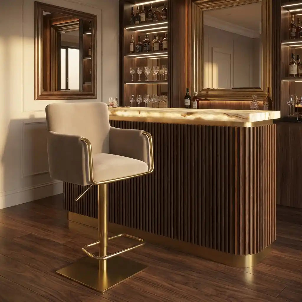 Olive Green Velvet Swivel Bar Stool – Adjustable Breakfast Bar Chair with Gold Base