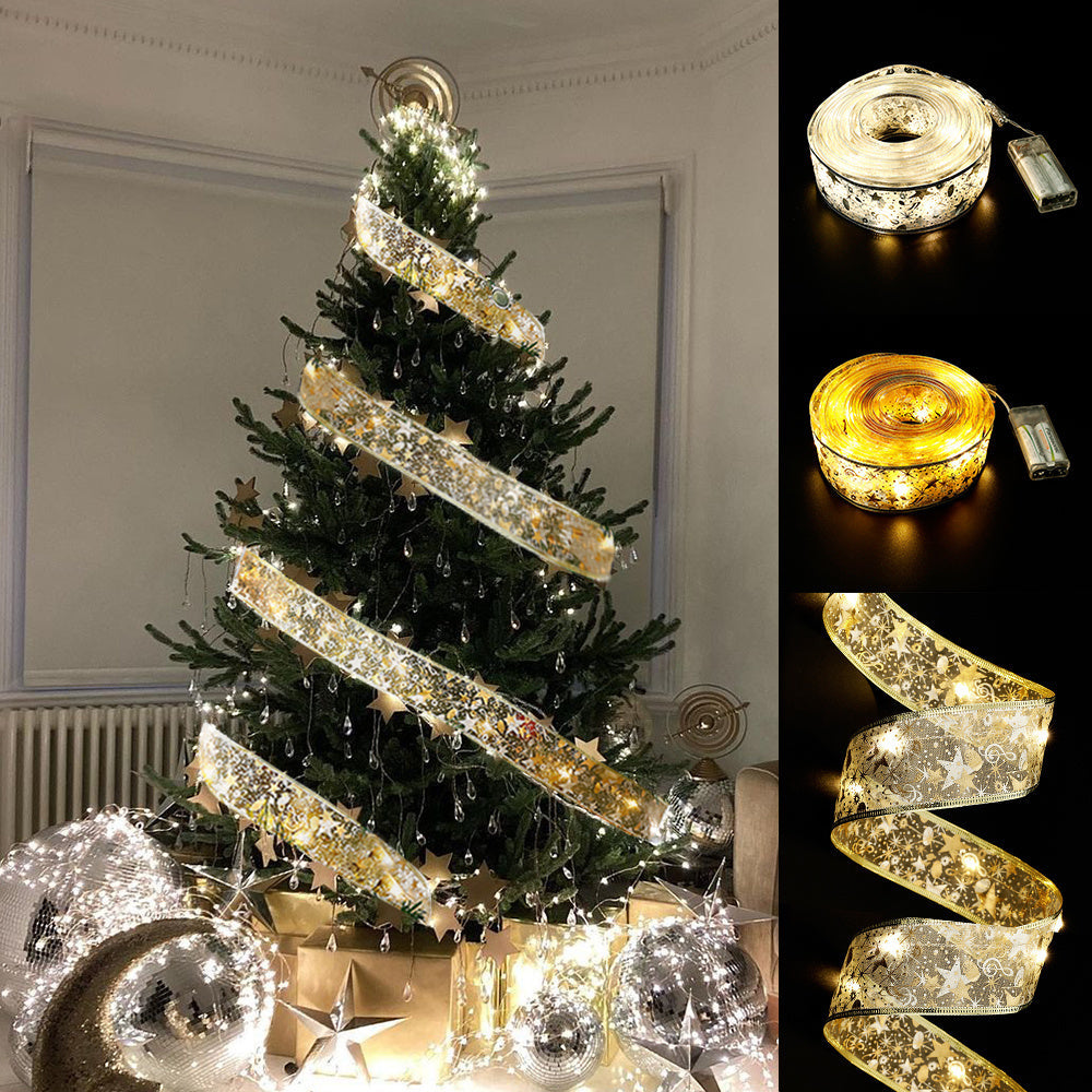 🎀 Fairy Lights Ribbon Bow – Christmas LED String Light Decoration