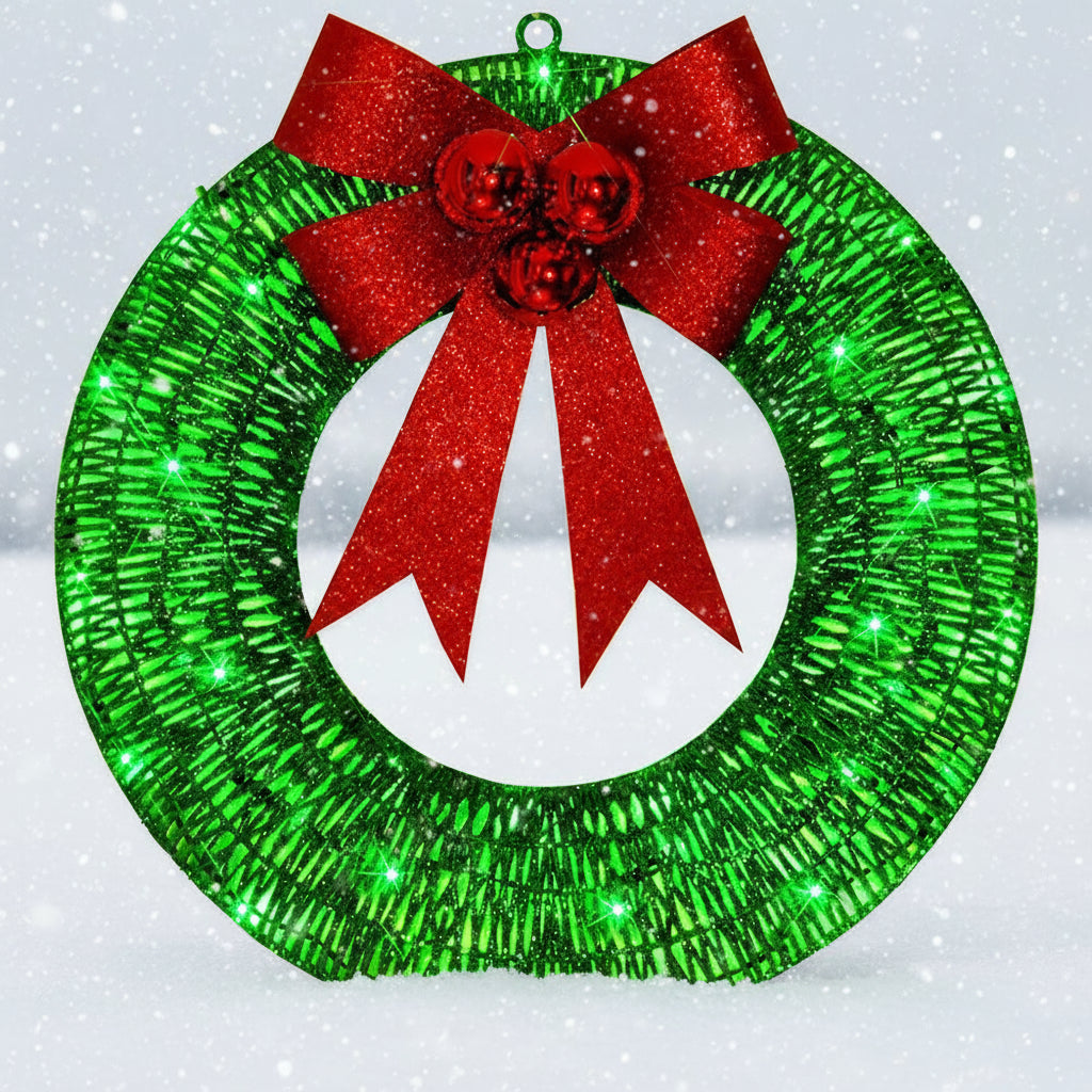 🎄 50cm LED Christmas Garland – Luminous Wreath with Big Bow for Door Décor