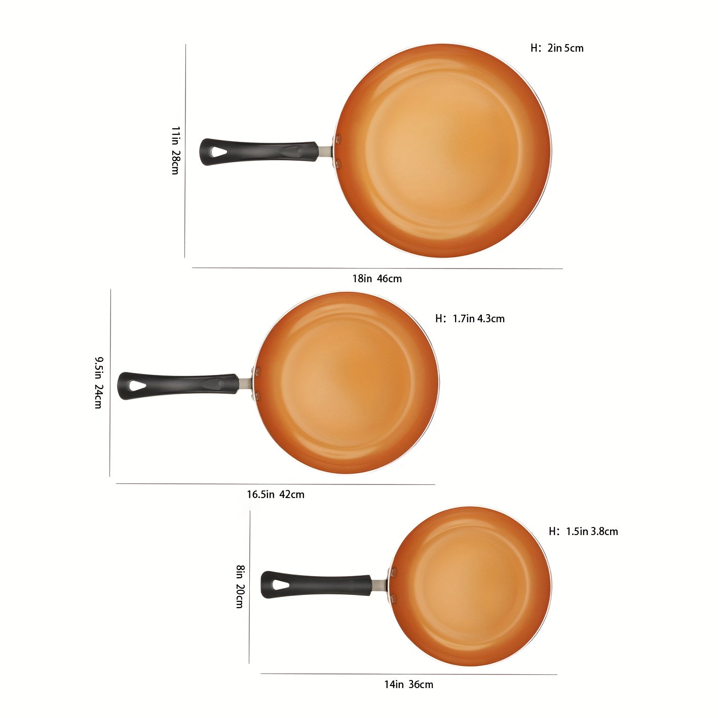"""3pcs Golden Ceramic Nonstick Frying Pan Set - 8"""", 9.5"""", and 11"""" Skillets for Induction Cooktops - PFOA and PFAS Free - Ideal for Omelettes and Eggs - Kitchen Cooking Supplies and Cookware"""
