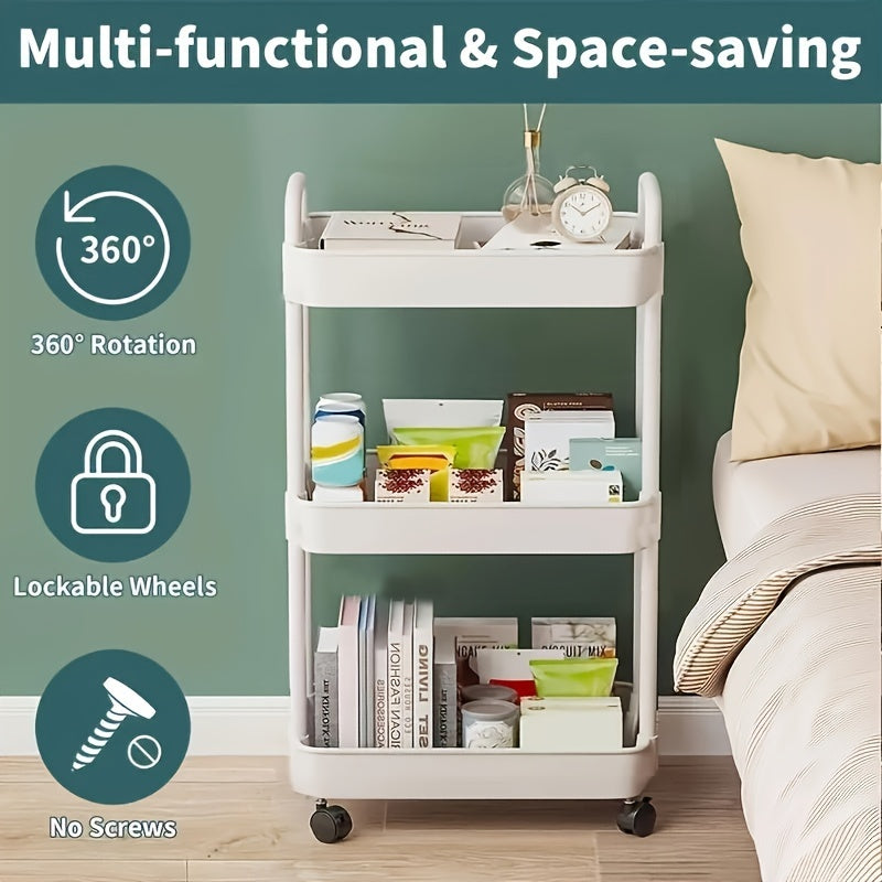 3-Tier Large Capacity Rolling Cart with Lockable Wheels - Spacious Storage Solution for Office, Bathroom, Kitchen Organization - Durable Matte Finish in White, Black, Blue, or Yellow