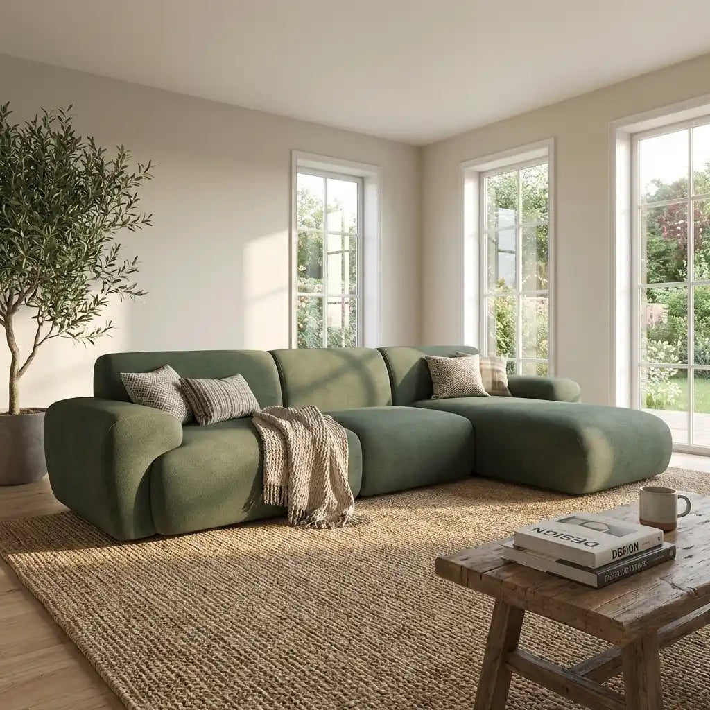 Large Green Chenille Right-Hand Chaise Corner Sofa – Comfortable 4 Seater for Modern Living Rooms