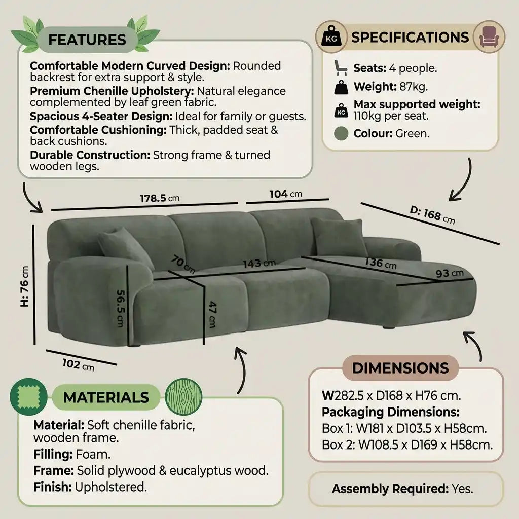 Large Green Chenille Right-Hand Chaise Corner Sofa – Comfortable 4 Seater for Modern Living Rooms