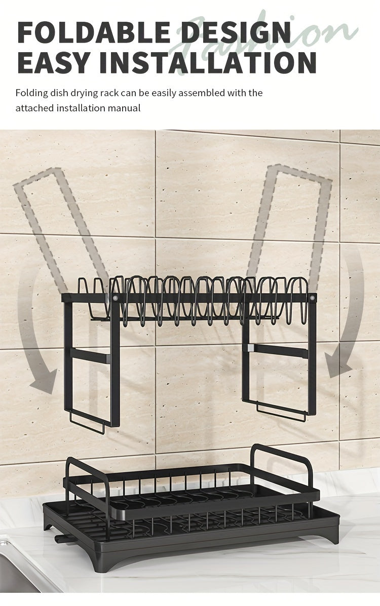 1pc Dish Rack, Double Layers Space-saving Dish Drying Rack With Drainboard And Utensil Holders, Multifunctional Large Capacity Dish Storage Organizer, For Kitchen Counter, Kitchen Organizers And Storage, Kitchen Accessories