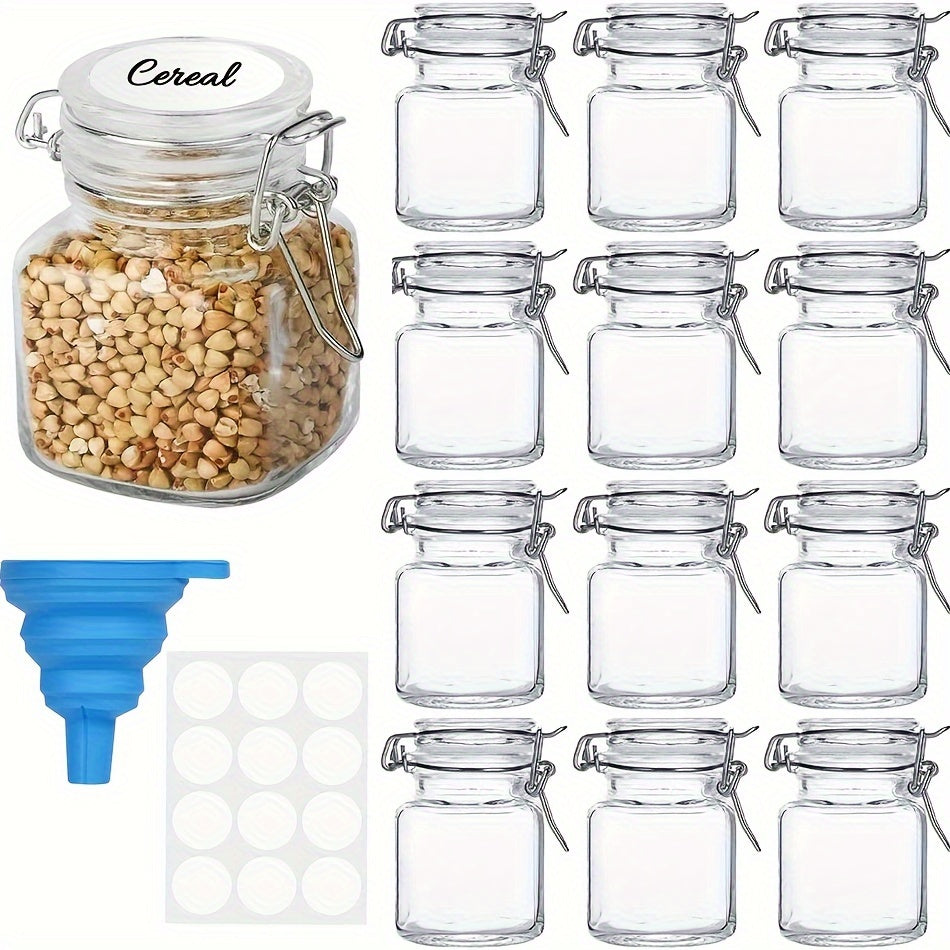 12pcs/set 120ml/4oz Mini Clip Top Glass Jars, Airtight Spice Containers with Hinged Lids, Reusable Storage Containers, Labels & Funnel Included, Perfect for Kitchen, Spices & Herbs Organization and Storage
